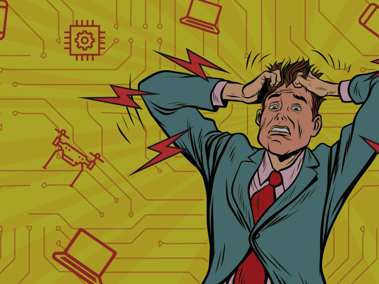 Illustration of a man stressed by laptops, smartphones