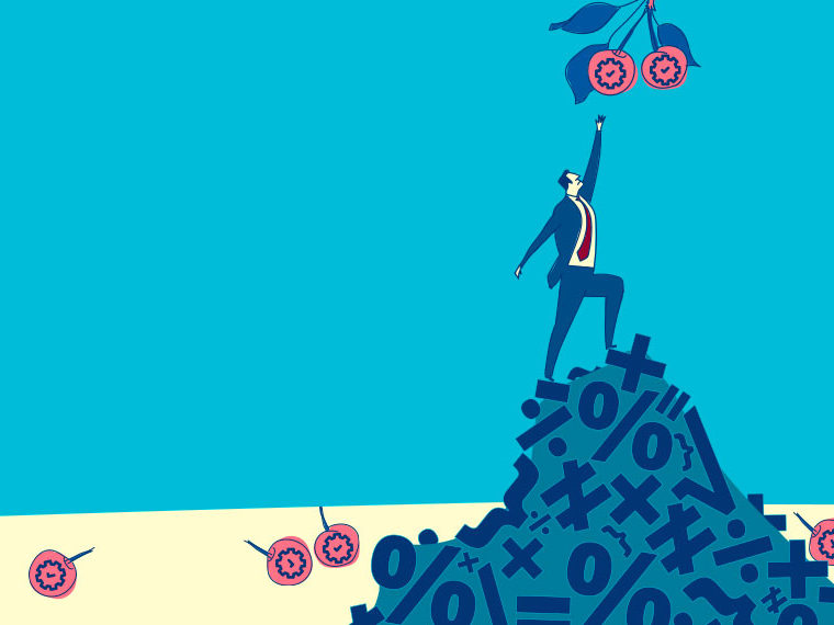 Illustration of a man reaching for cherries on top of a pile of math symbols