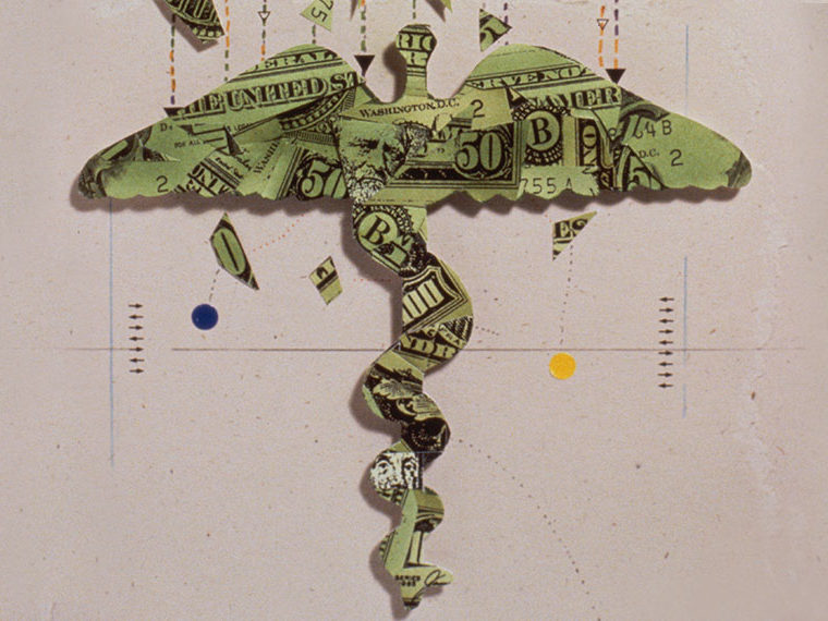 Illustration of dollar bills folded into a Staff of Hermes