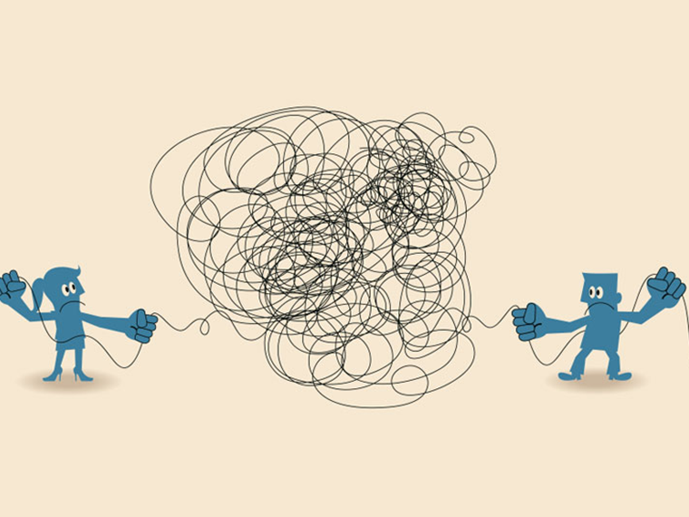 Two blue cartoon characters unravel a scribble knot black thread