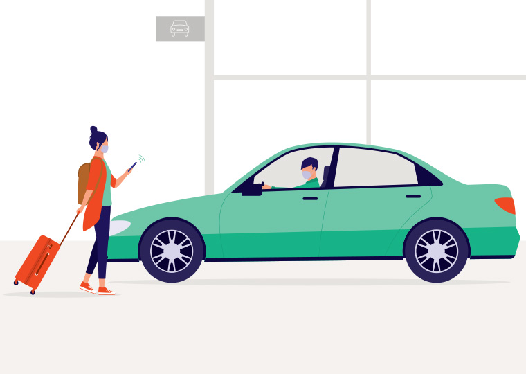 An illustration of a woman pulling a suitcase as she walks toward her ride share.