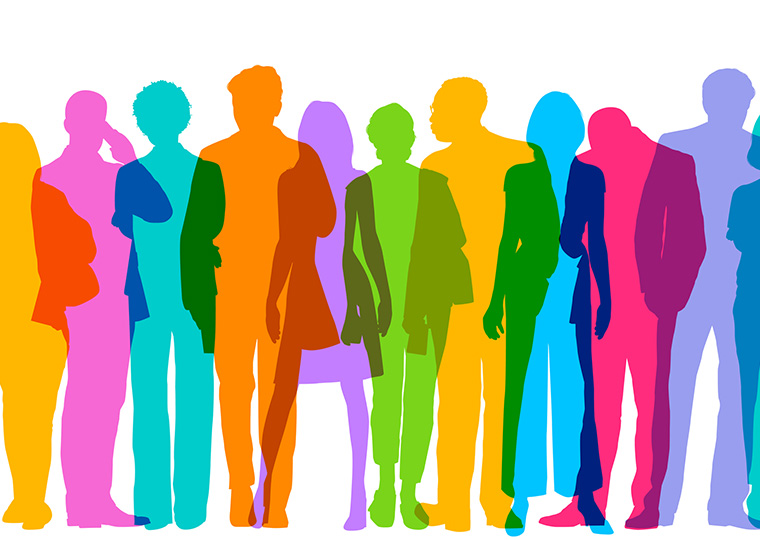 An illustration of the outlines of a group of men and women, multicolored