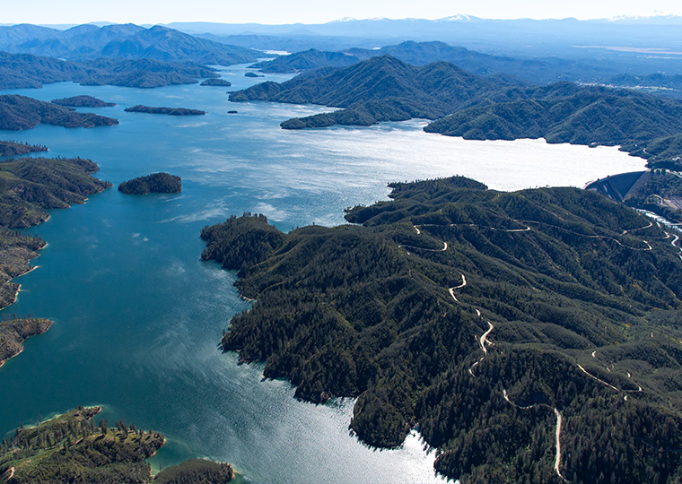 An aerial view of California's Shasta Lake taken in 2024